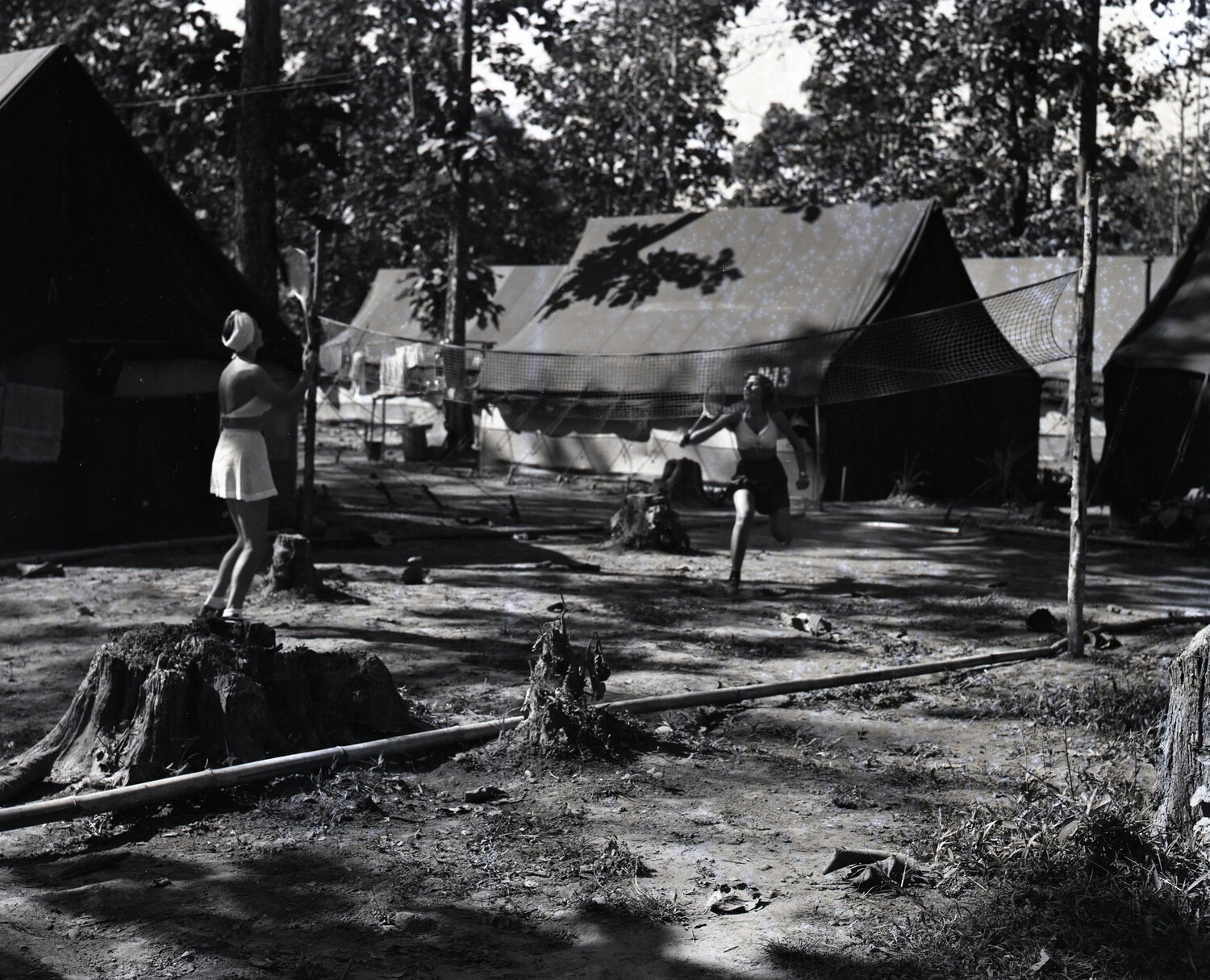 Women Playing Badminton at Camp, Myitkyina, Burma, WWII CBI Theater
