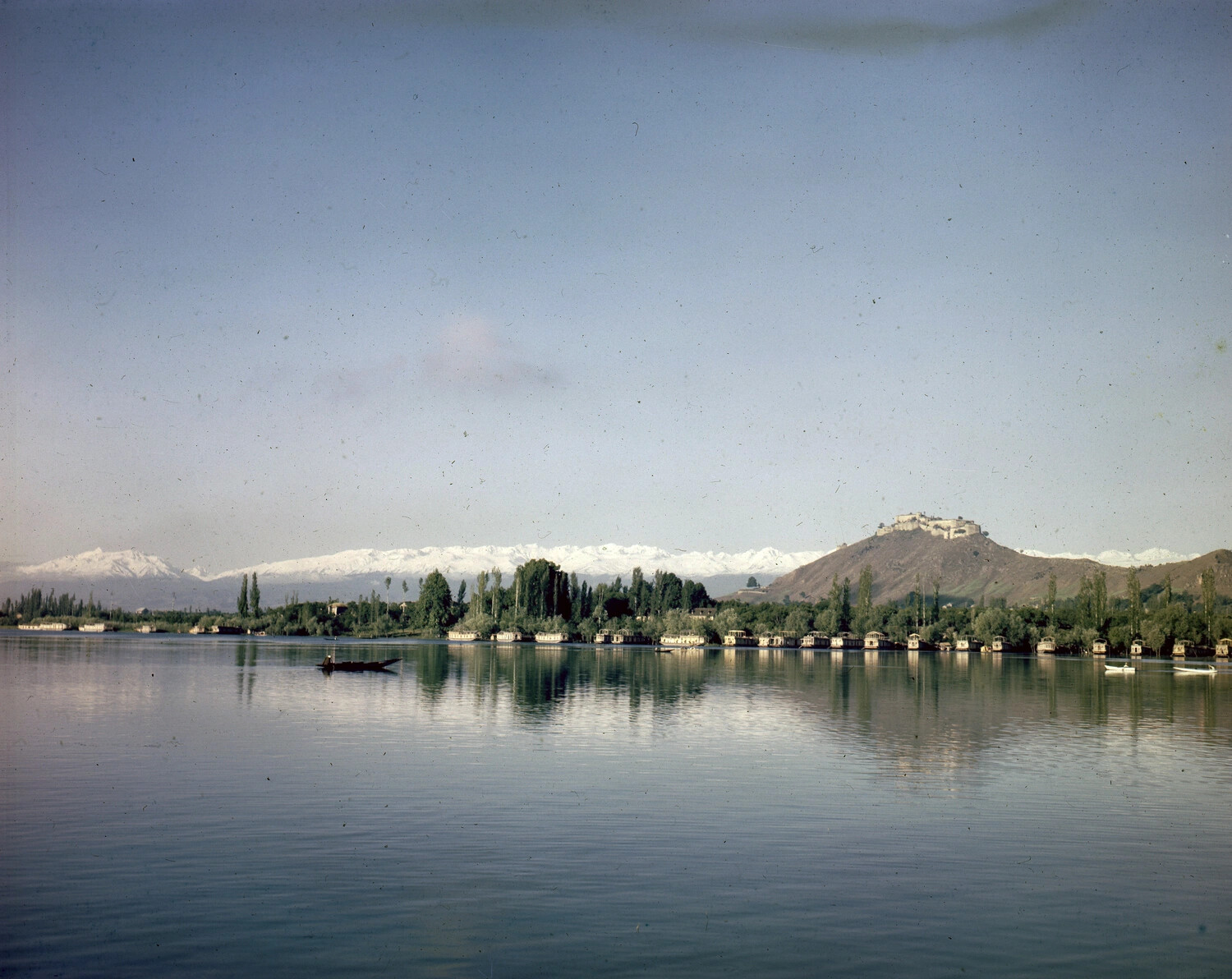 Lake and Houseboats with Snow-Capped Mountains, Kashmir, India — WWII CBI Theater Collection