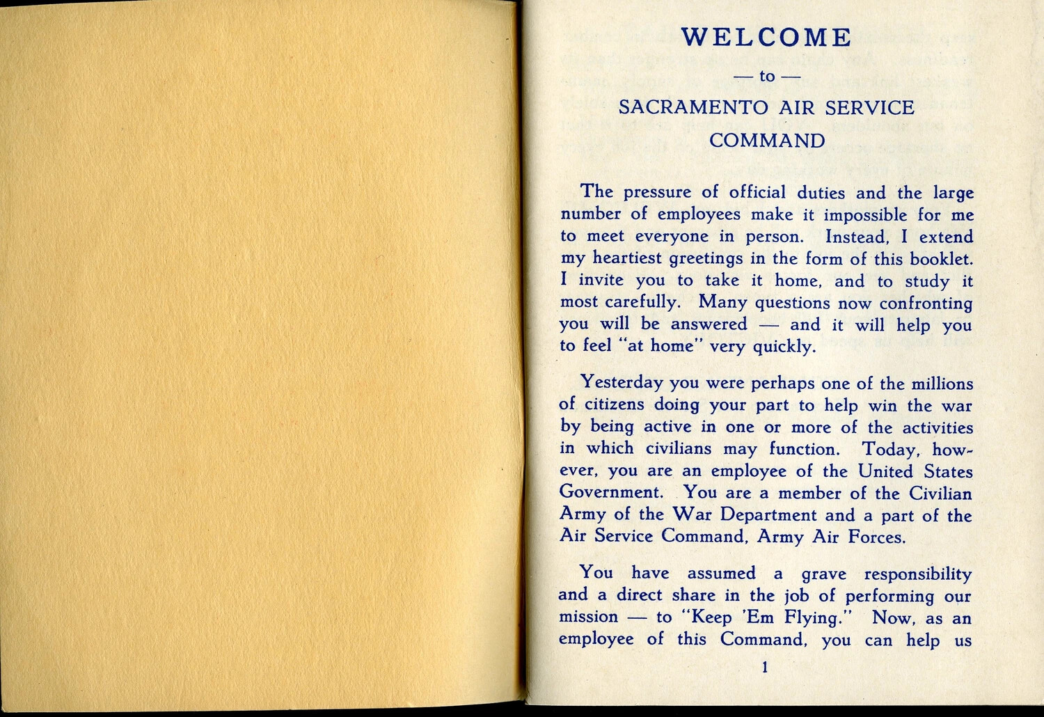 "Welcome to Sacramento Air Service Command" - McClellan Field Personal Guide Booklet, Page 1