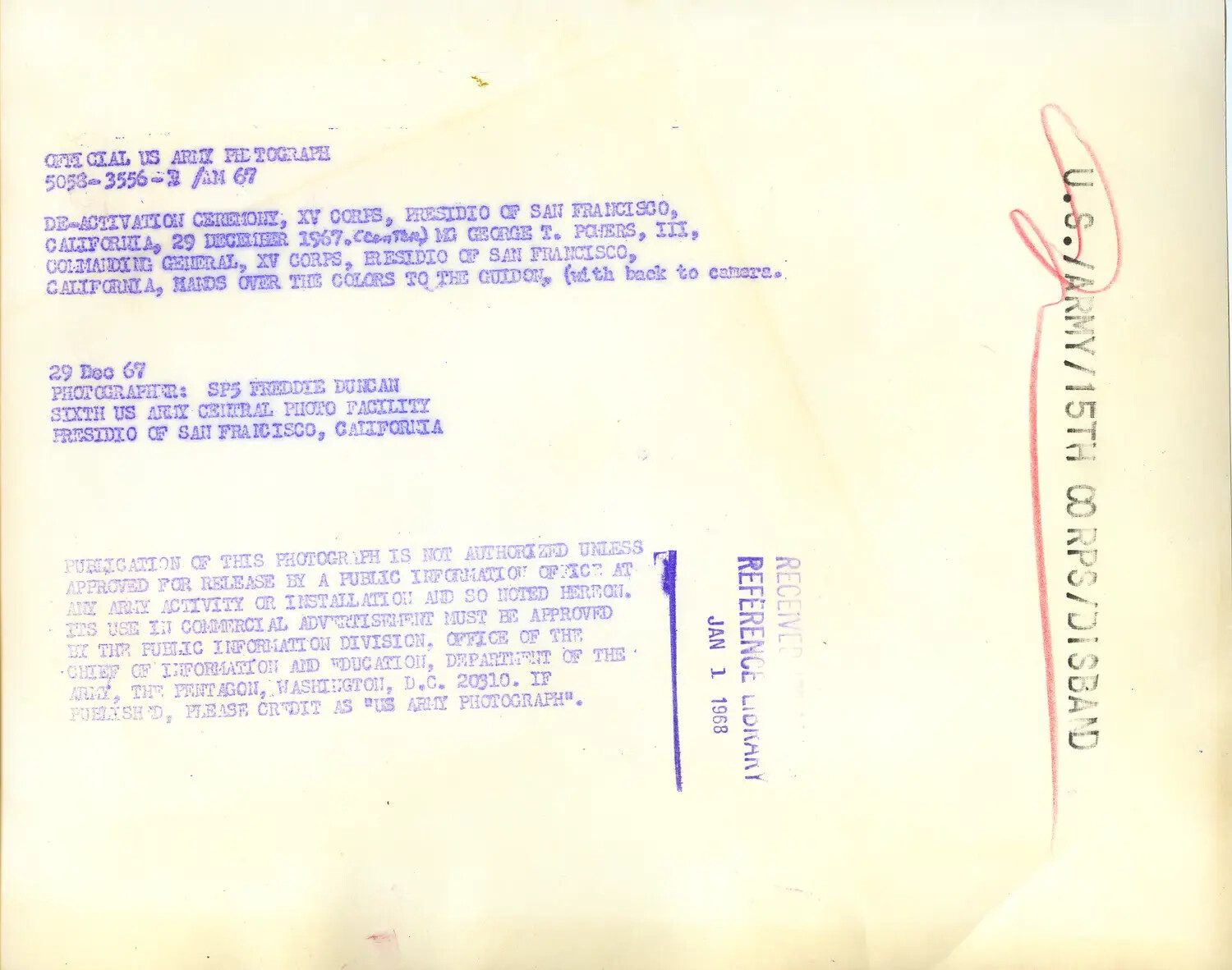 Verso/Official Caption Card for XV Corps Deactivation Photograph, 29 December 1967