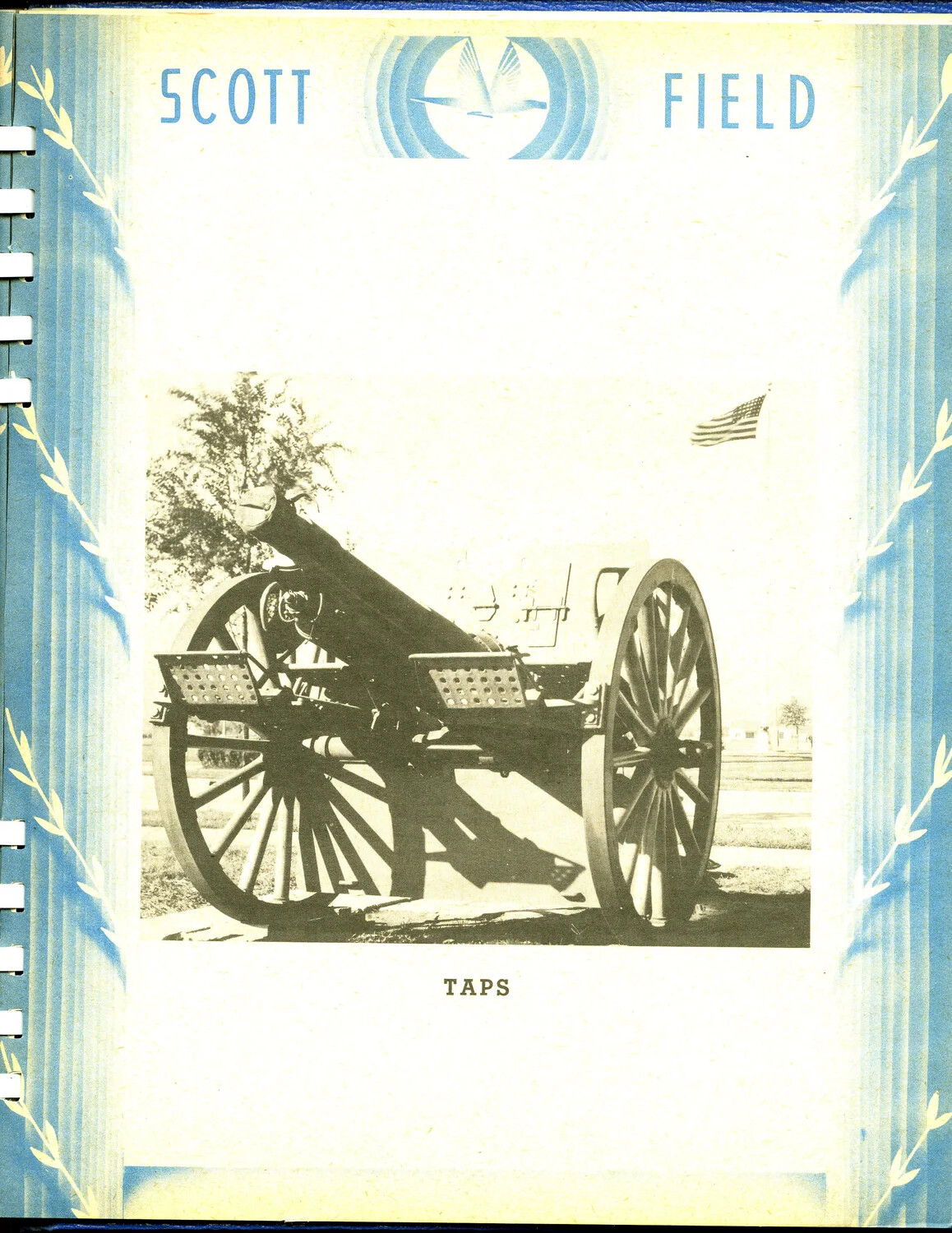 'Scott Field' Yearbook Memorial Page Featuring Artillery Piece Display and 'Taps' Caption, WWII Era