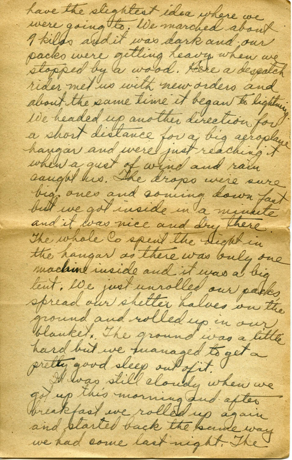 Handwritten Letter from Pvt. Willis W. Wagener - Page Describing Night March and Shelter in Aeroplane Hangar