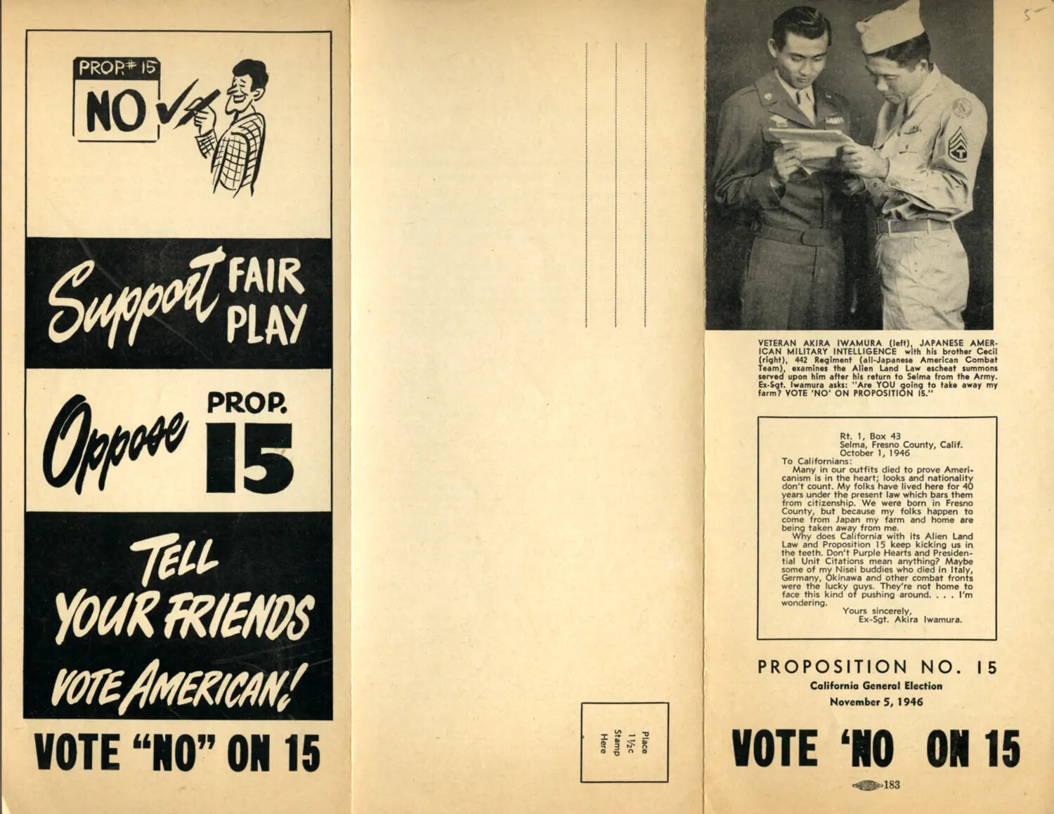 "Vote No on Proposition 15" Campaign Postcard Featuring Nisei Veteran Akira Iwamura, 1946 California Election