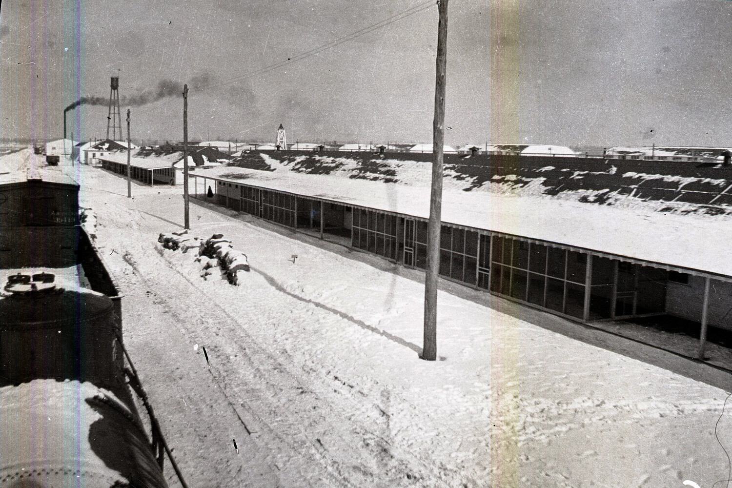 Snow-Covered Barracks Row at Scott Field Military Training Installation, World War I Era