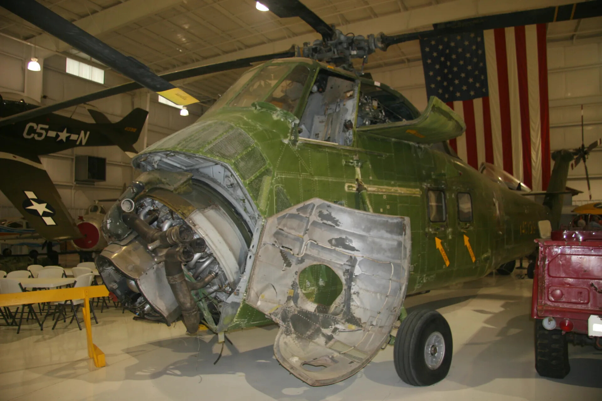 Sikorsky H-34 Choctaw Helicopter with Open Engine Cowling, Museum Hangar Display, 2016 Tailwind Reunion