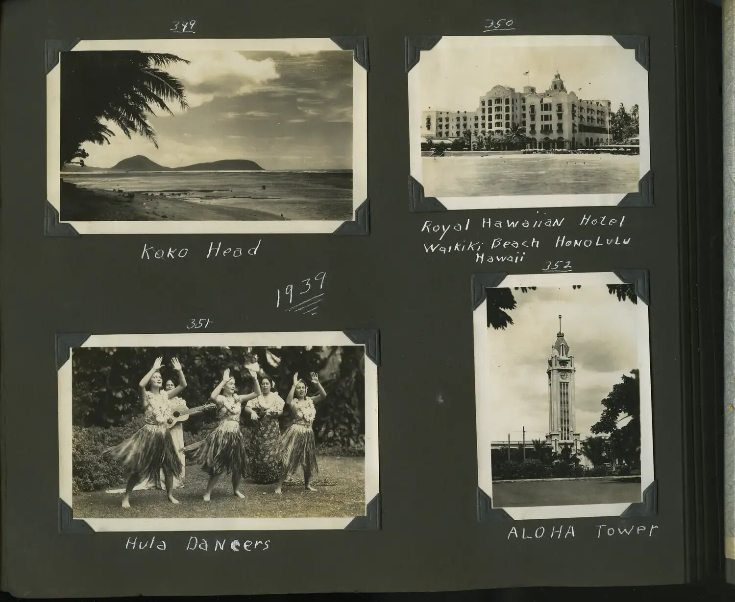Album Page, Honolulu Liberty Photographs: Koko Head, Royal Hawaiian Hotel, Hula Dancers, and Aloha Tower, 1939