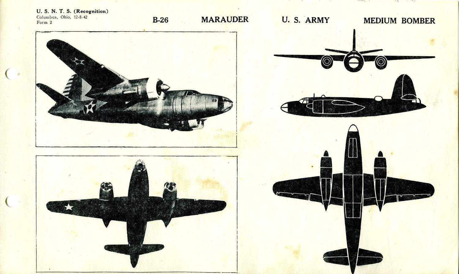 U.S.N.T.S. Aircraft Recognition Manual Page — B-26 Marauder, U.S. Army Medium Bomber (1942)