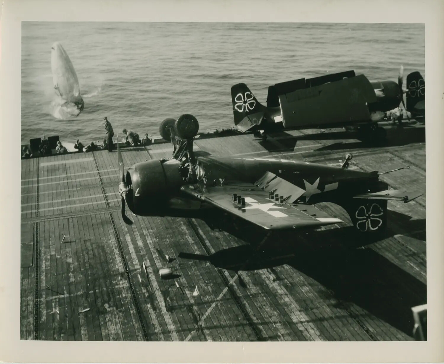FM-2 Wildcat Overturned on Flight Deck After Crash Landing, USS Petrof Bay (CVE-80), WWII