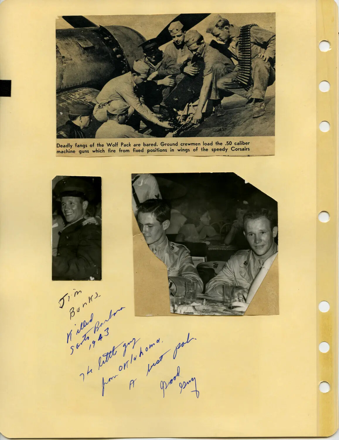 McAleer Photo Album Page: Corsair Ground Crew News Clipping and In-Memoriam Portrait of Jim Banks, 1943