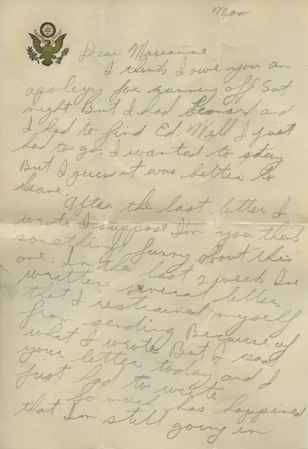 Handwritten WWII-Era Letter Beginning "Dear Marianne," Moon/Sammie Family Correspondence