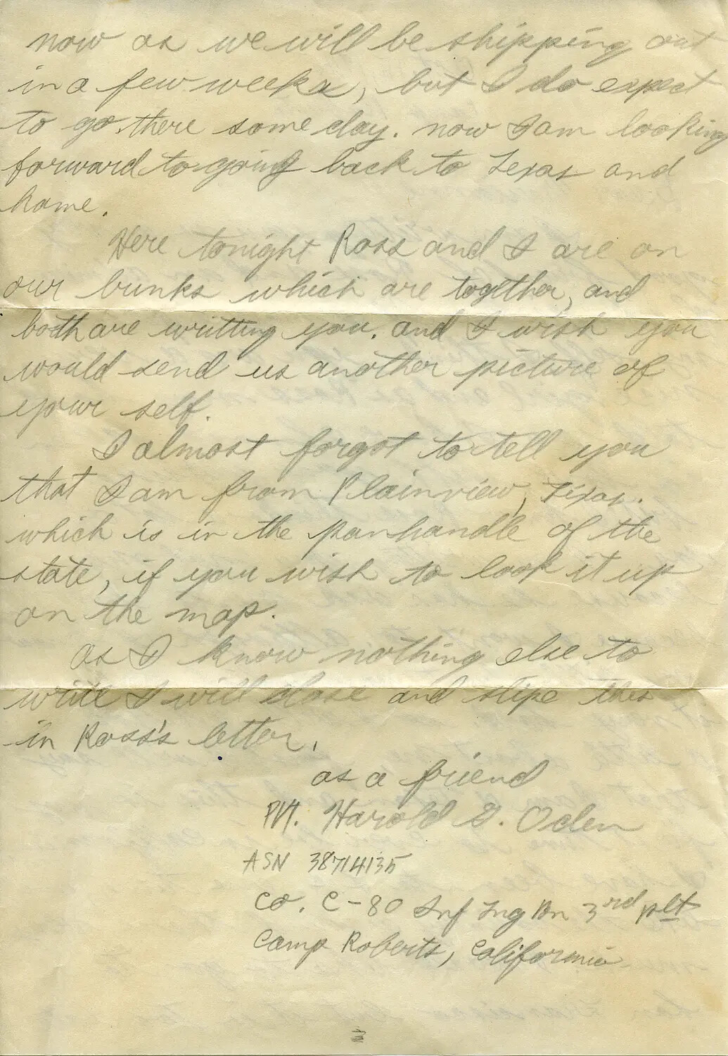 Handwritten WWII Soldier's Letter, Pvt. Harold G. Oden, Camp Roberts, California