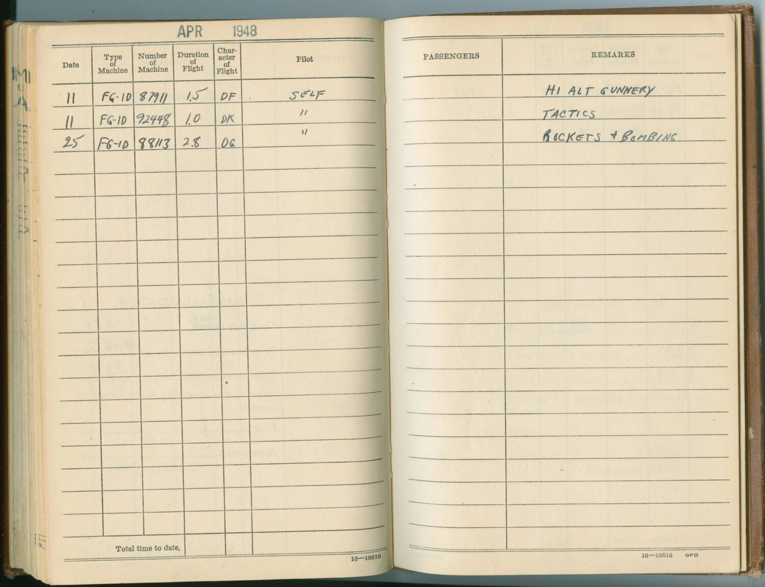 Naval Aviator's Flight Log Book, April 1948 — FG-1D Corsair Training Flights