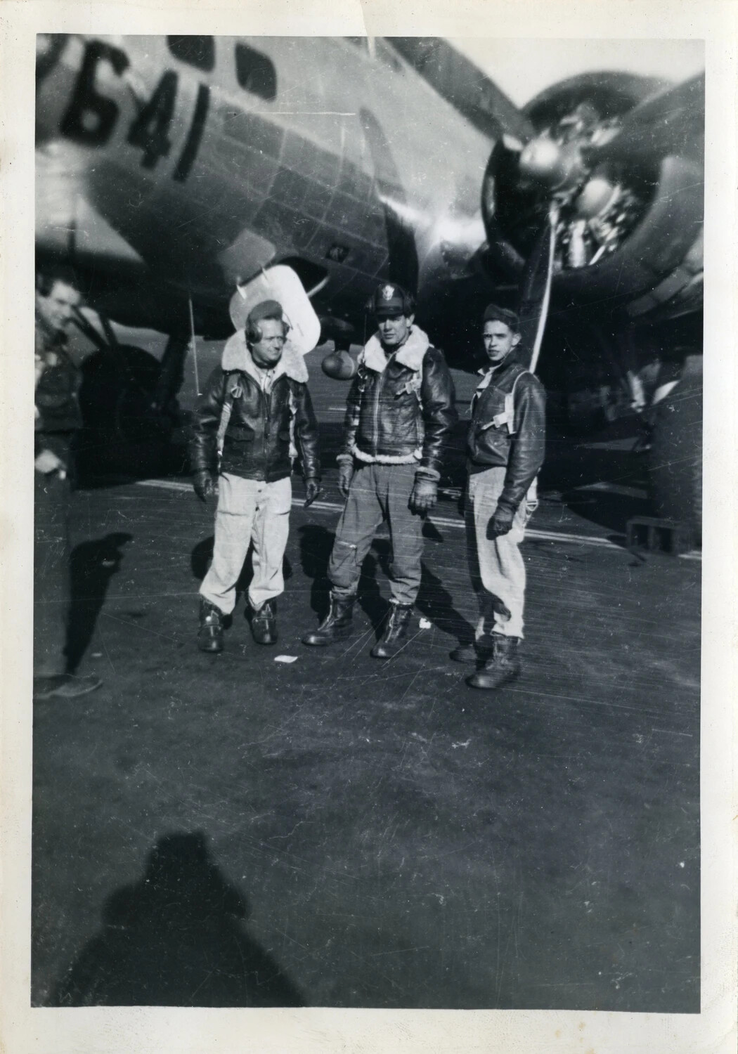 Aircrew in Flight Jackets Beside Twin-Engine Aircraft (Tail No. ...641), World War II