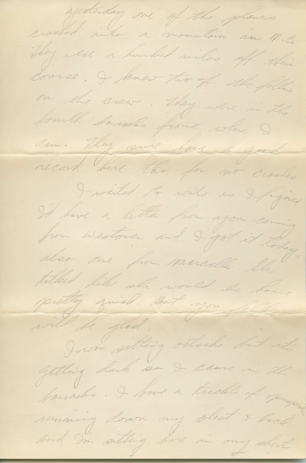 Handwritten Letter from WWII Airman (Margaroli Collection), Describing Plane Crash and Barracks Life, 1944