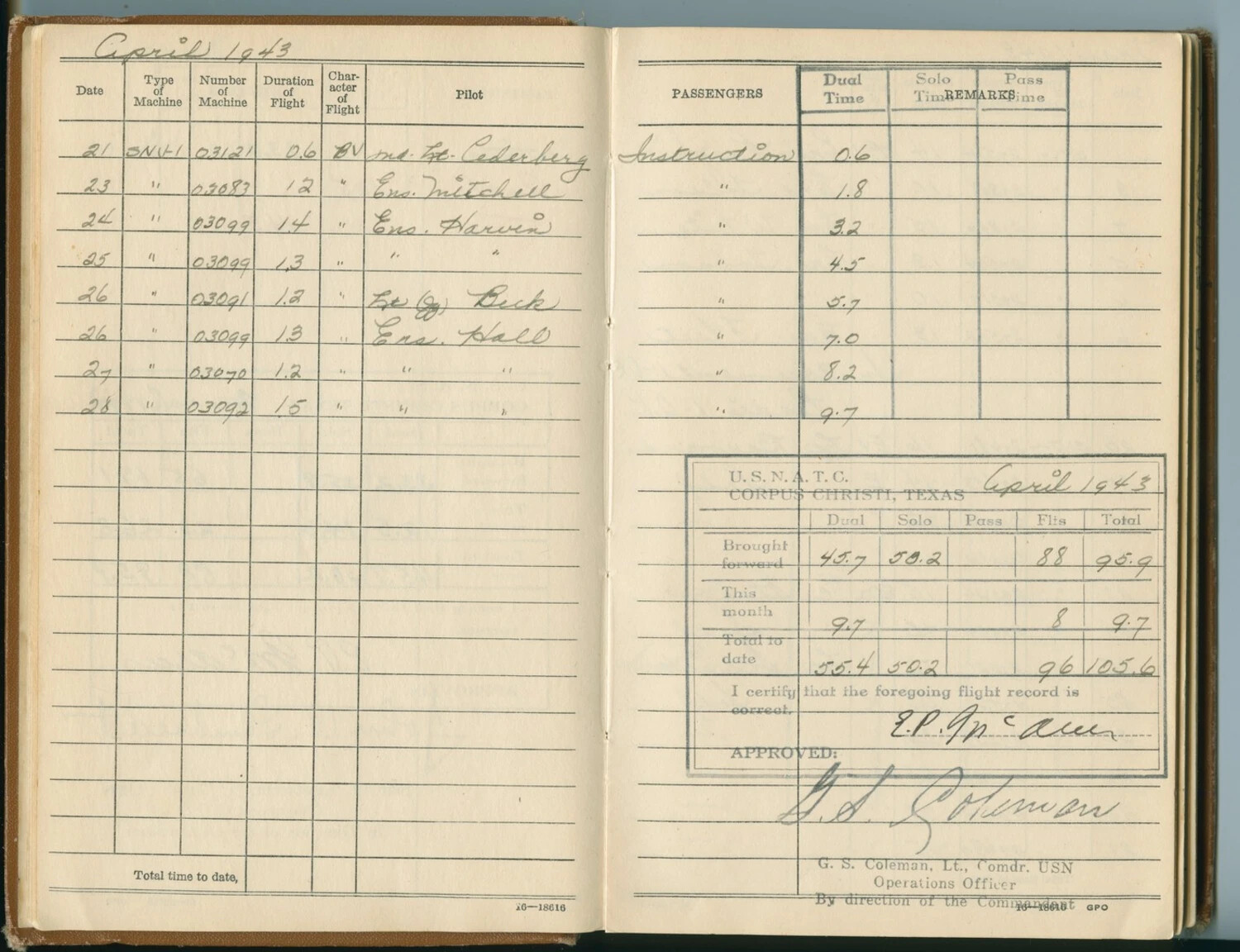 U.S. Navy Flight Logbook, April 1943 - NATC Corpus Christi, Texas (Edward P. McAleer)