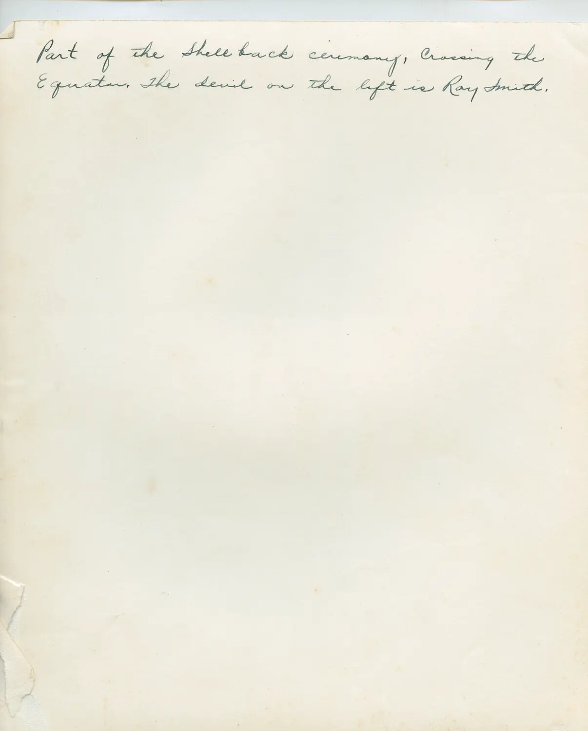 Handwritten Caption Card: 'Shellback Ceremony, Crossing the Equator' — USS Petrof Bay (CVE-80) Collection