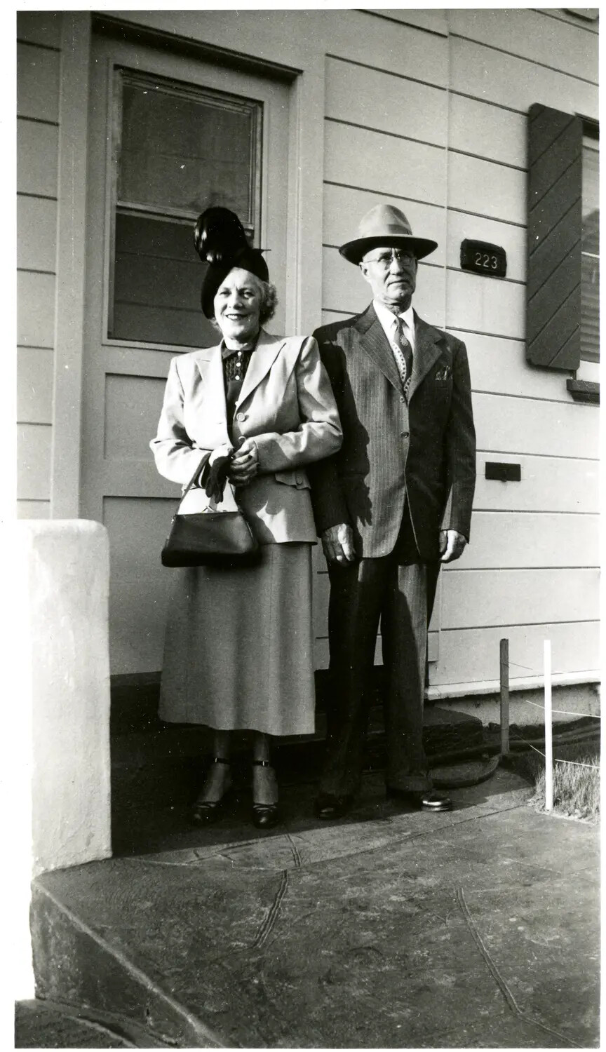 Elderly Couple Posed on Porch of House No. 223, Family Snapshot, circa Late 1940s