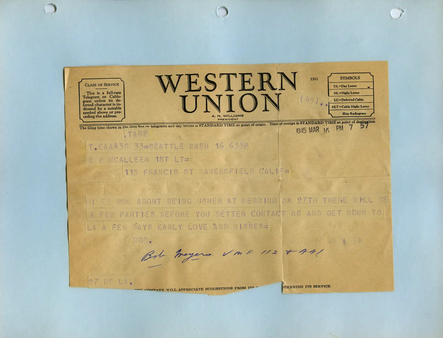 Western Union Telegram to 1st Lt. E.P. McAleer, March 16, 1945