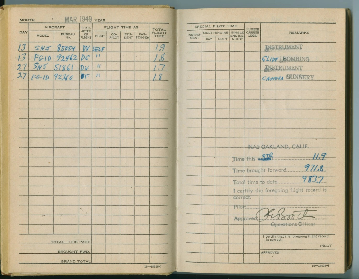 Naval Aviator's Flight Logbook, March 1949 — NAS Oakland, California (Pat McAleer Collection)
