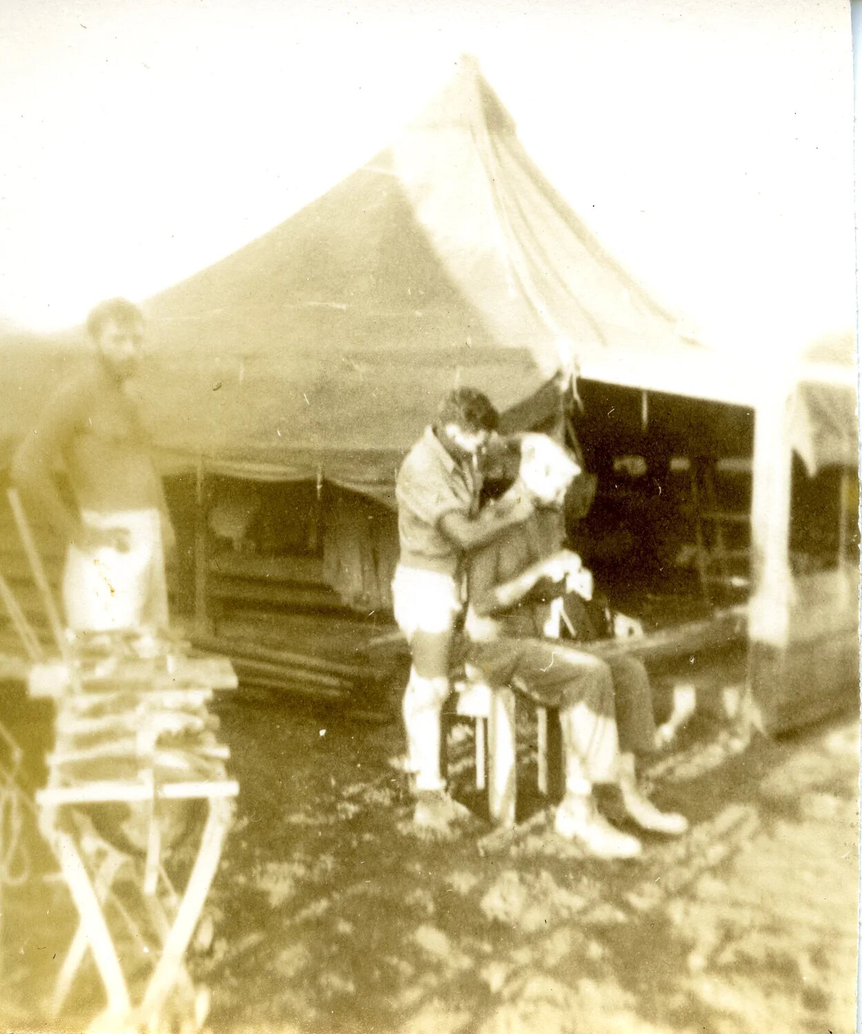Field Haircut Outside Squad Tents (Alternate View), 345th Bomb Group Encampment, Ie Shima, WWII