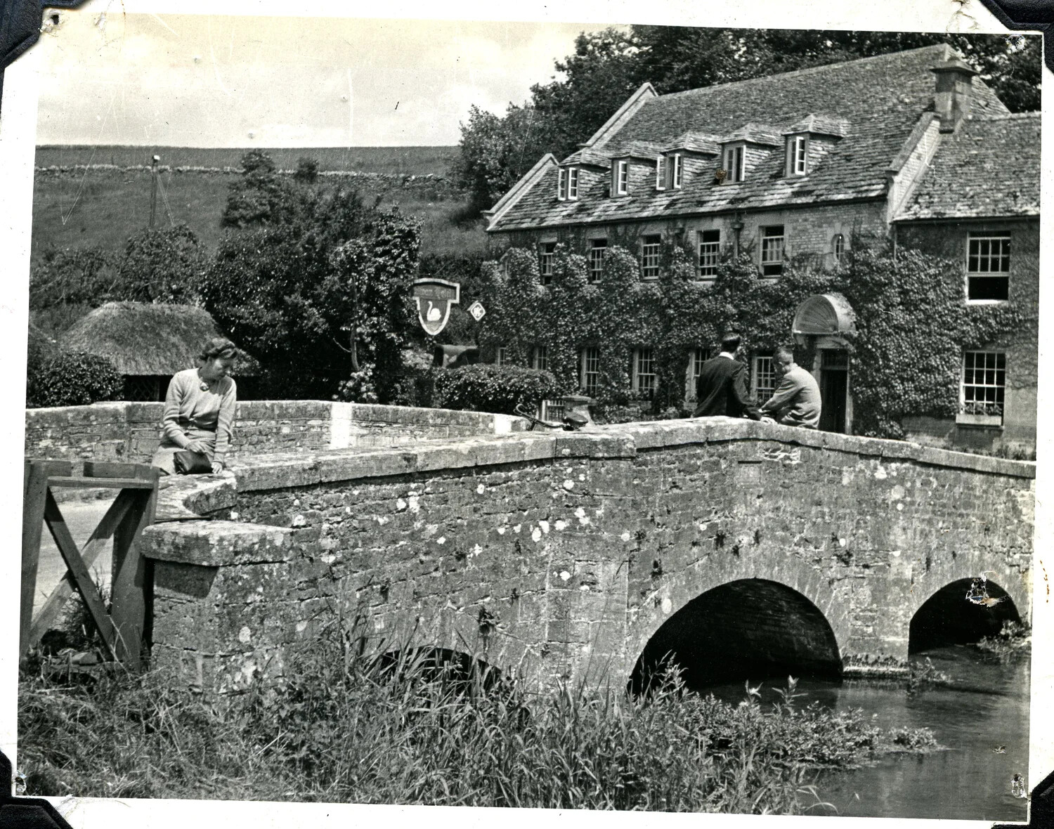 American Serviceman's Snapshot of an English Village Bridge and Inn, WWII Era