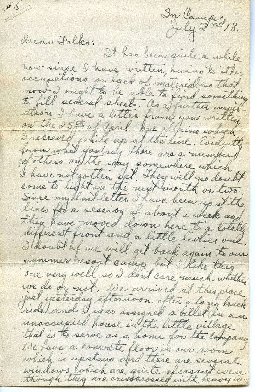 Handwritten Letter, Pvt. Willis W. Wagener to Family, 'In Camp,' July 2, 1918 (Letter 5, Page B)