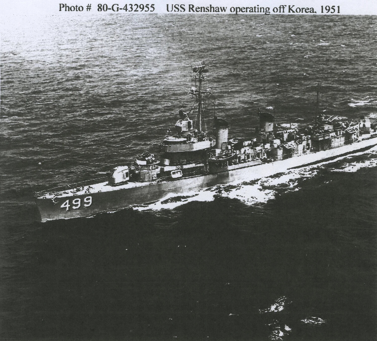 USS Renshaw (DD-499) Underway off Korea, 1951 — Official U.S. Navy Photograph