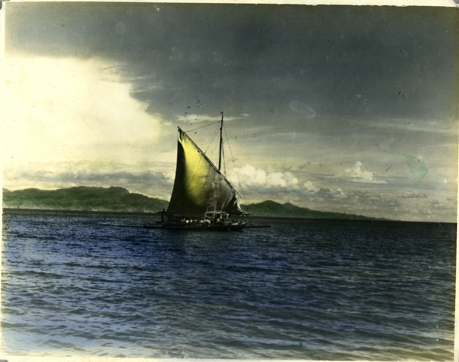 Sailing Outrigger Vessel Under a Dramatic Sky, Philippine Coastal Waters, Early-to-Mid 20th Century