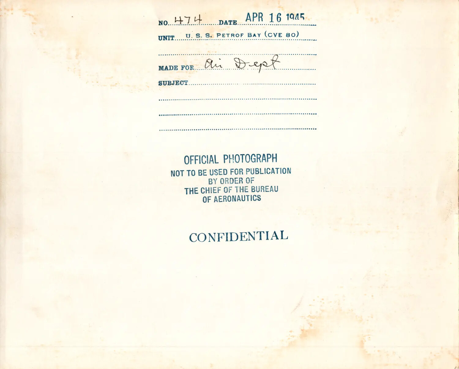 Caption Card, Official U.S. Navy Photograph No. 474, USS Petrof Bay (CVE-80), 16 April 1945