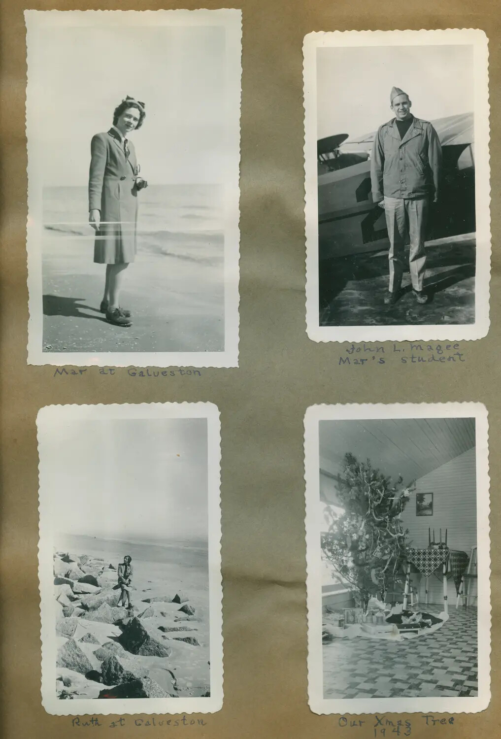 Album Page: Personal Snapshots of Flight Instructor 'Mar,' Student John L. Magee, Ruth, and 1943 Christmas Tree