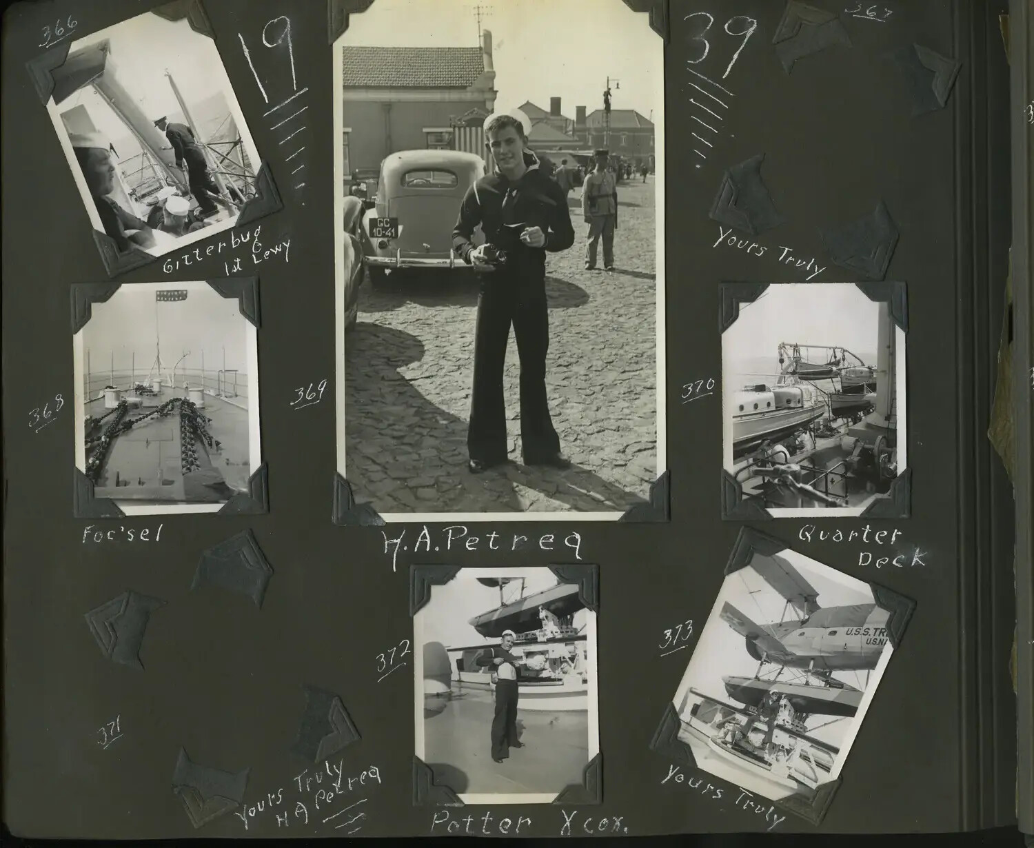 Album Page, USS Trenton Shipboard and Liberty Photographs: Forecastle, Quarterdeck, Scout Plane, and Sailors Ashore in Europe, 1939