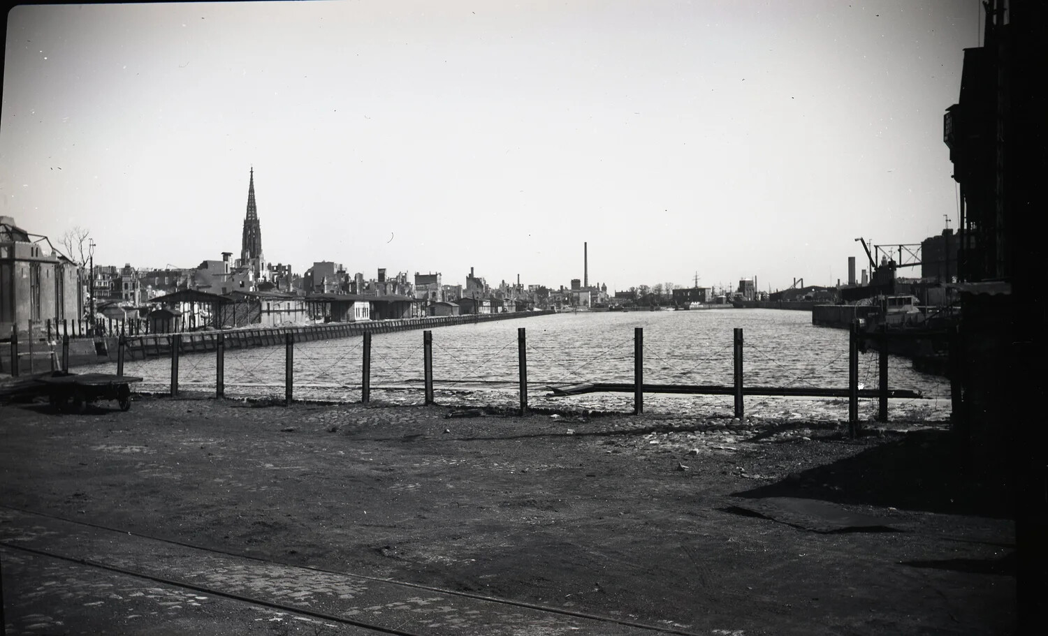 Harbor Basin View with Damaged City Skyline, Bremerhaven Area, Germany, WWII Era