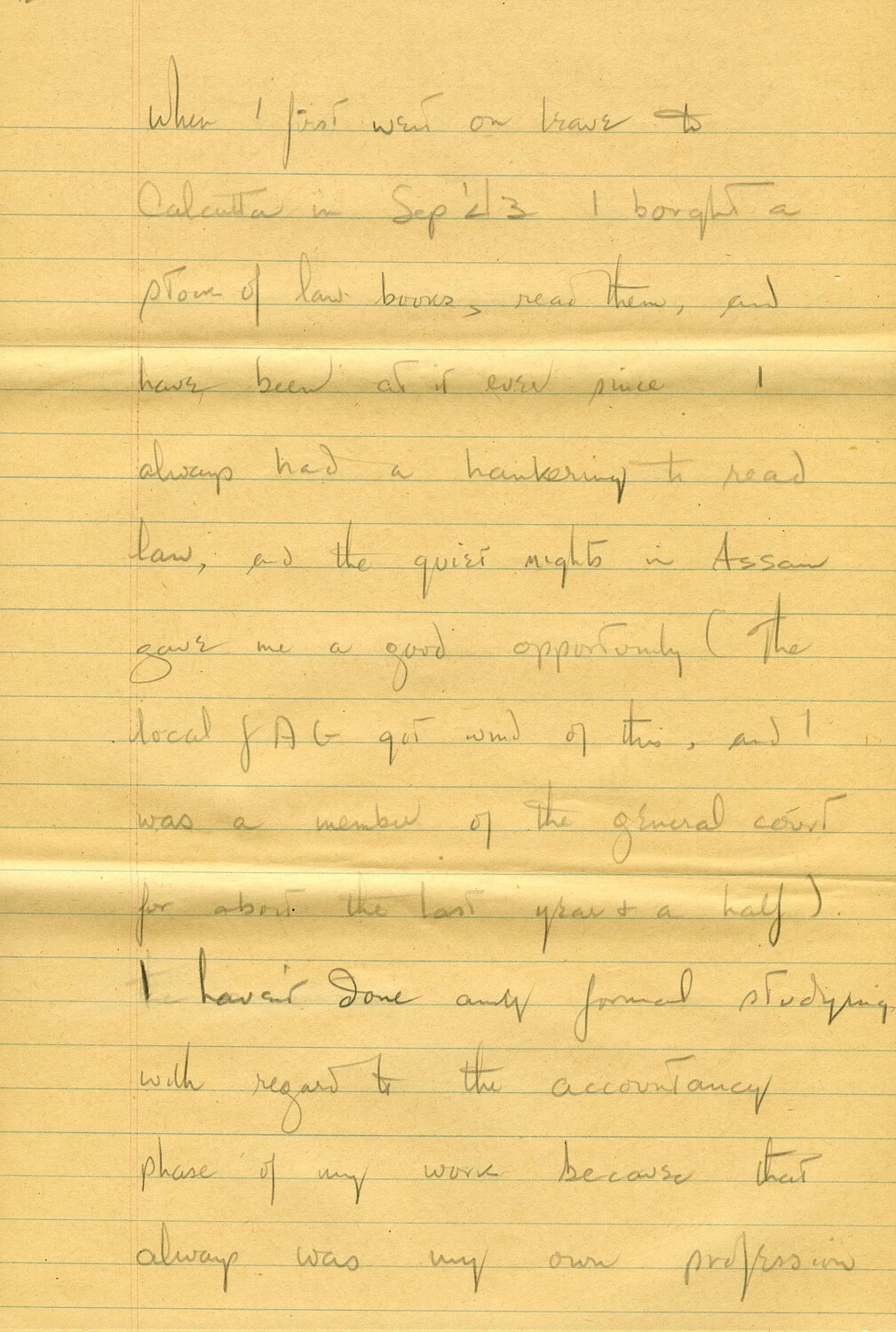 Handwritten Draft Memoir/Request Letter Page, U.S. Army Transportation Officer, CBI Theater, WWII (Page 058) - Calcutta Leave, Self-Study of Law, and Prewar Accounting Profession