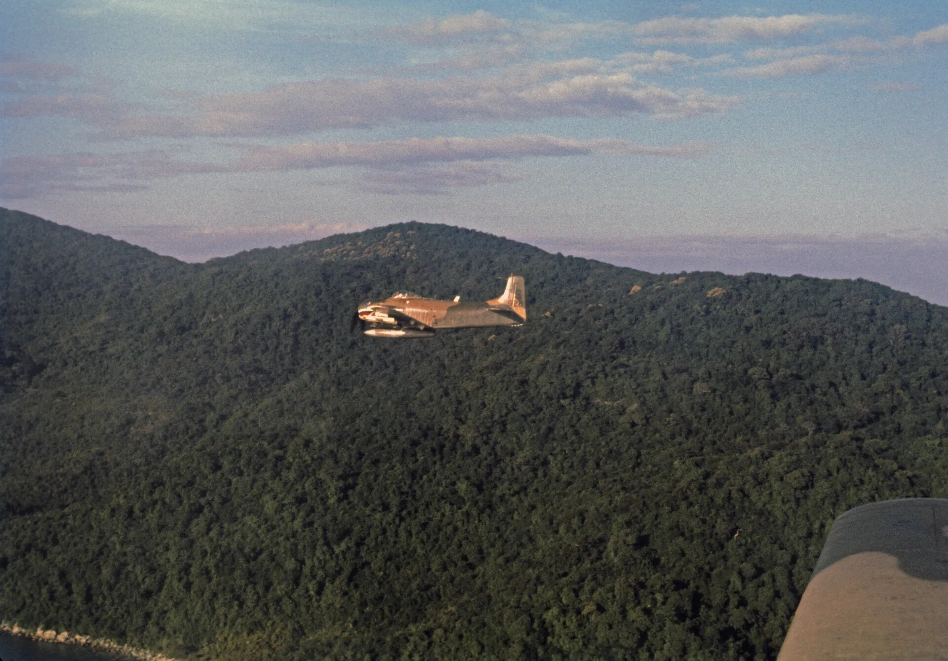 A-1 Skyraider in Flight Over Jungle Terrain, Air-to-Air Photograph, Southeast Asia, circa 1969