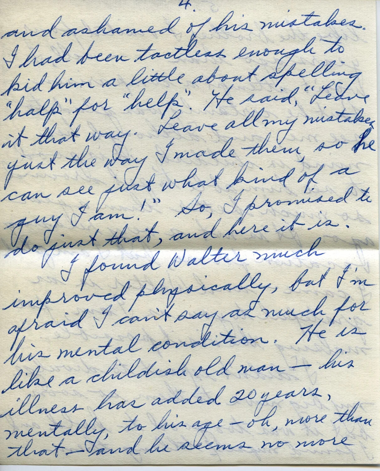 Handwritten Letter Page 4: Account of Visiting an Ailing Man Named Walter