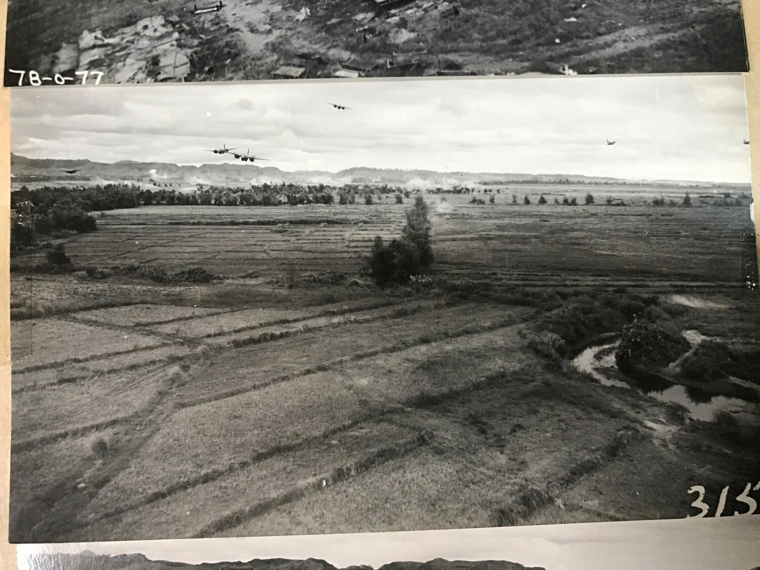 Album Print: B-25 Mitchells Over Rice Paddies, with Adjacent Bomb-Damage Photo and Negative Numbers