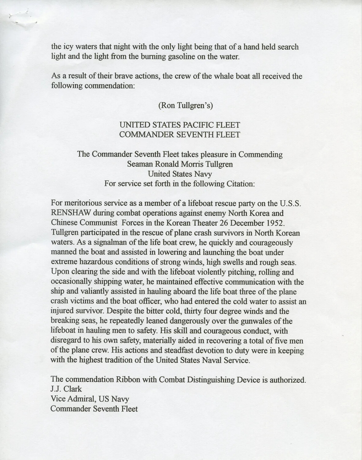 Typed Naval Commendation Citation for Seaman Ronald Morris Tullgren, USS Renshaw, Korean War, 26 December 1952