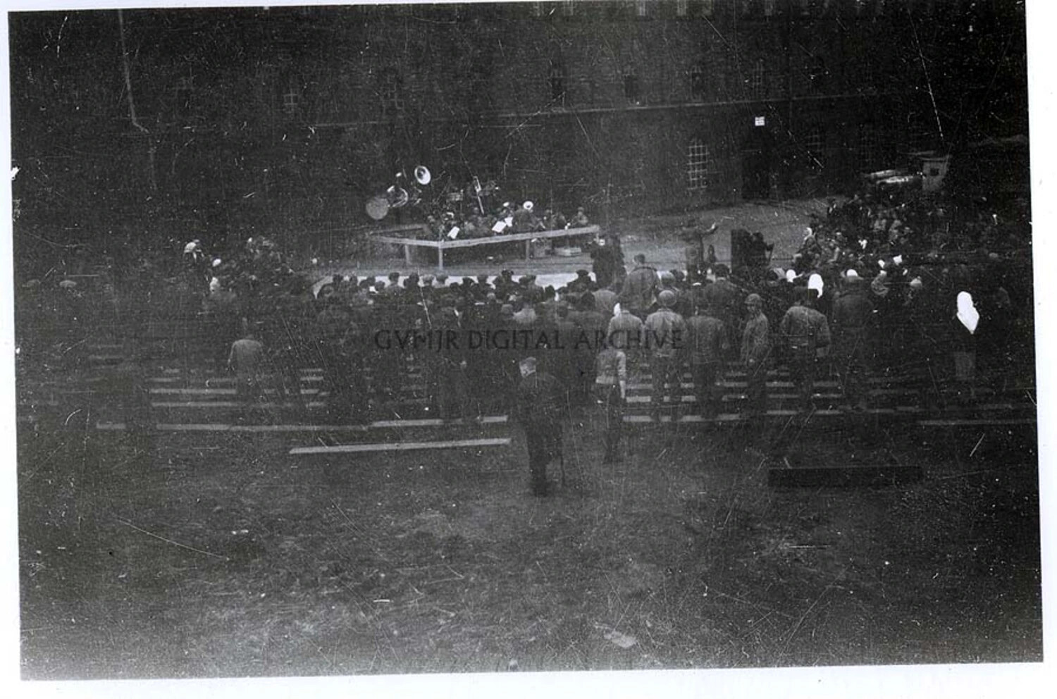 101st Airborne Division Troops Assembled for Band Ceremony Before Barracks Building, European Theater, 1944-1945