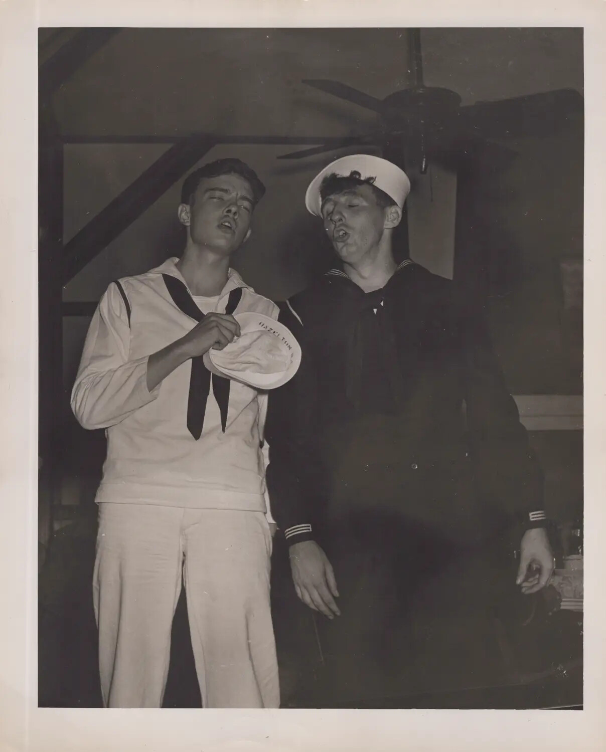 Two Sailors Singing in Dress Uniforms, Hand-Lettered Cap Visible, WWII Era