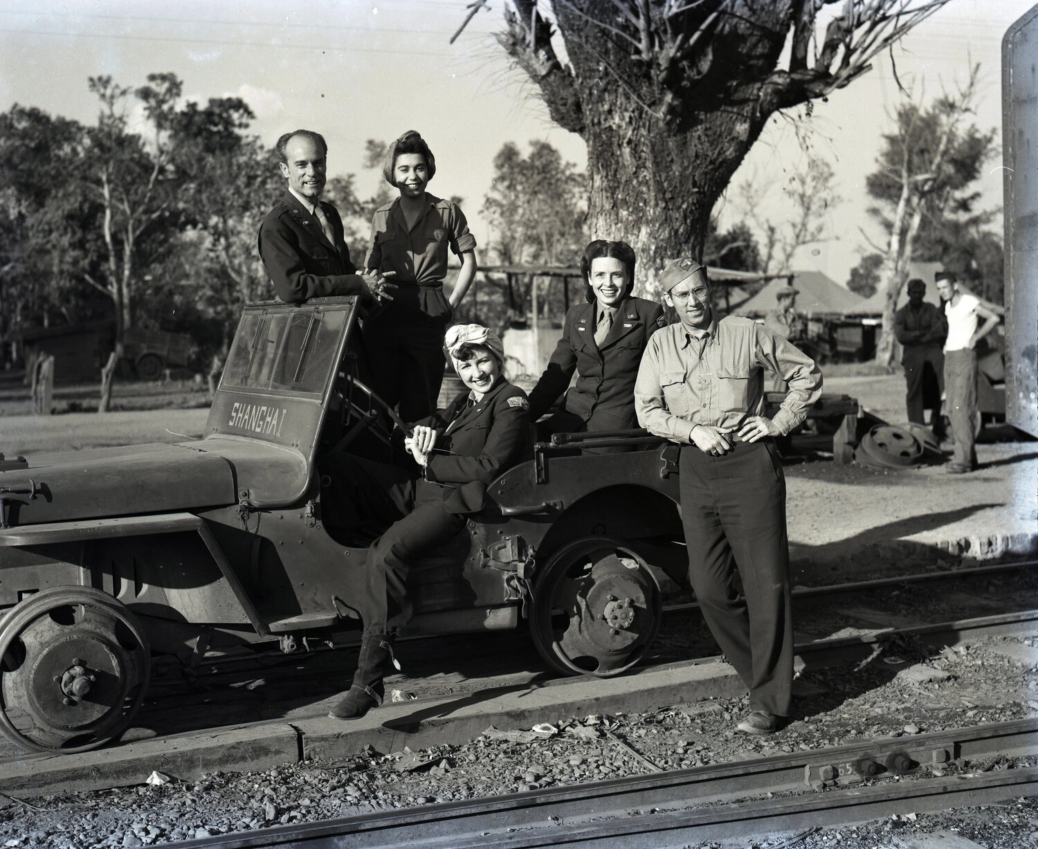 Visiting Personnel Posed on Rail-Adapted Jeep, Myitkyina, Burma, WWII CBI Theater
