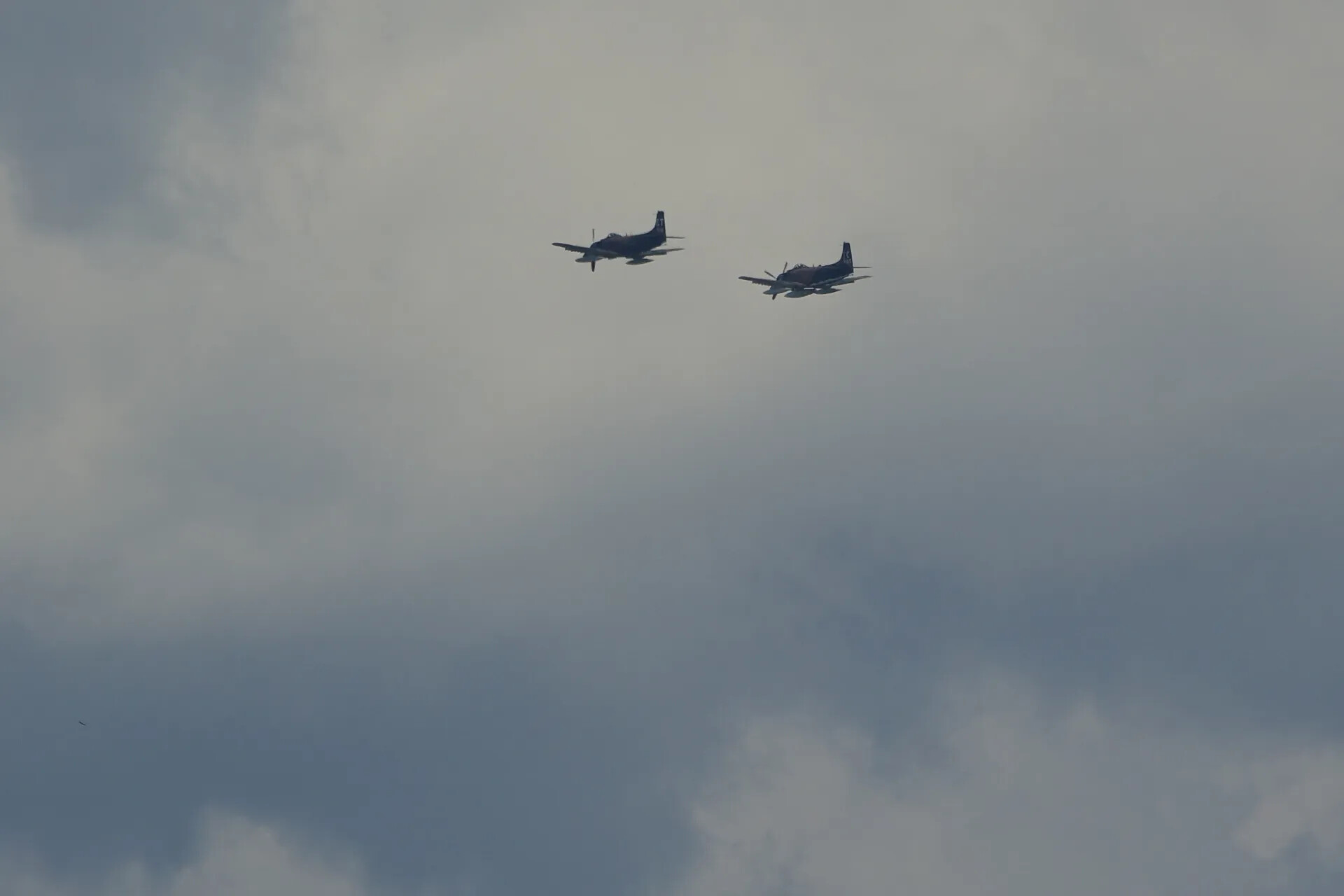 Formation Flight of Two A-1 Skyraider Aircraft Against Overcast Sky