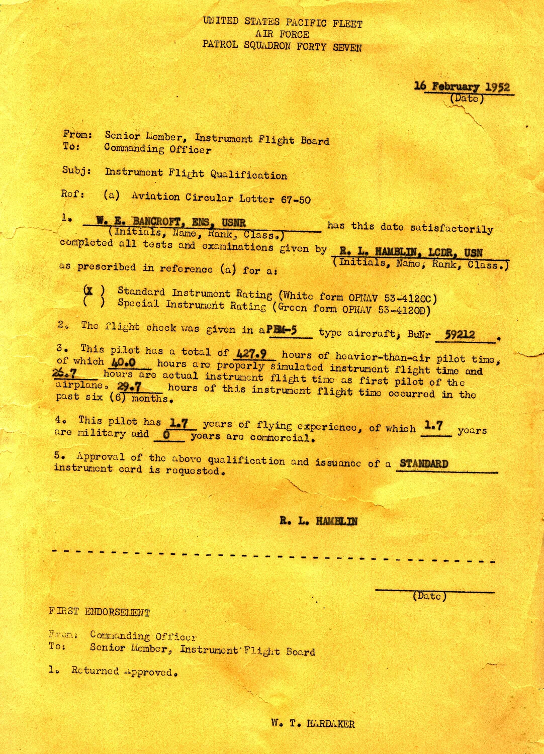 Instrument Flight Qualification Memorandum for Ens. W. E. Bancroft, USNR -- VP-47, 16 February 1952