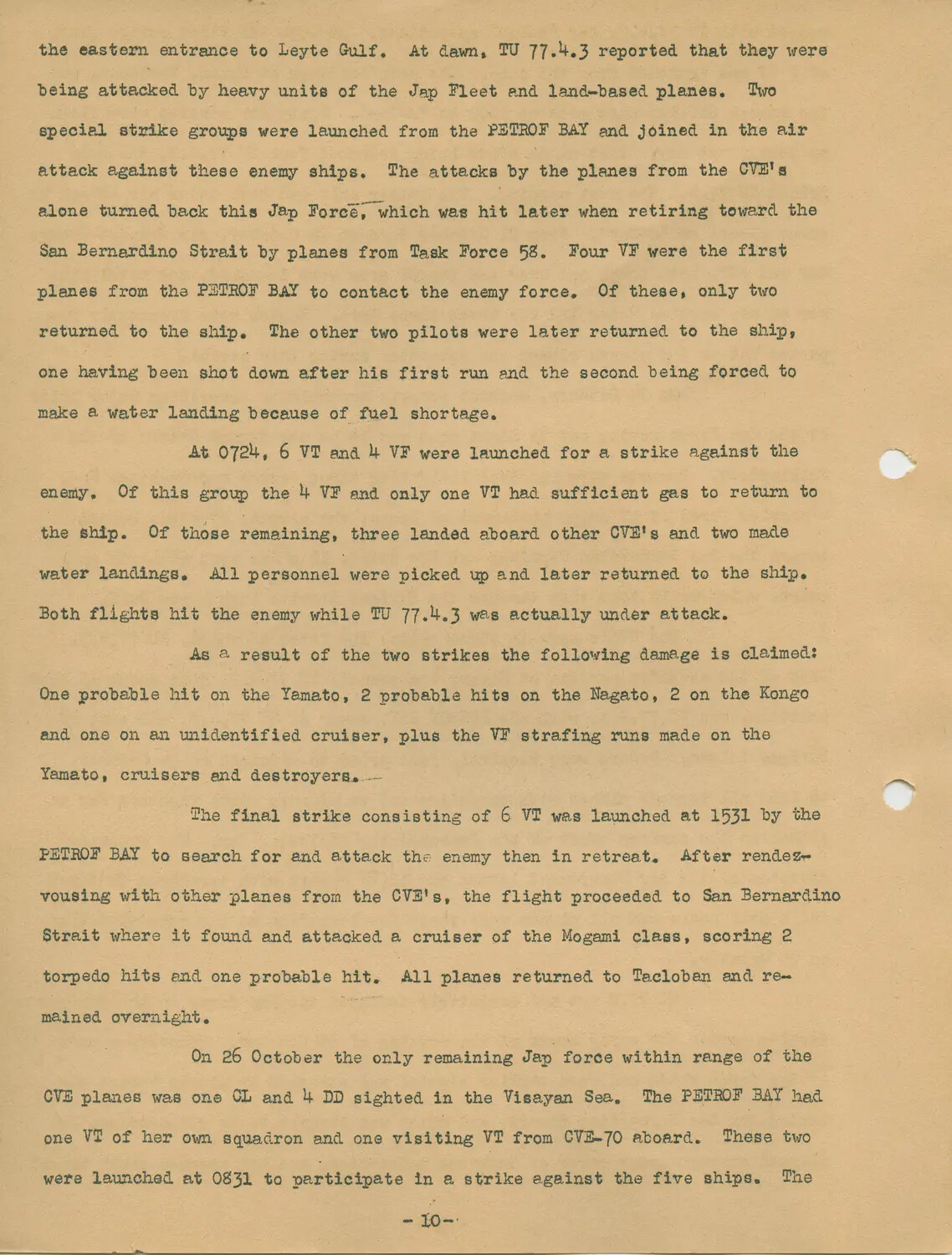Typed After-Action Report Page 10 - USS Petrof Bay (CVE-80) Air Strikes During the Battle off Samar, Leyte Gulf, October 1944