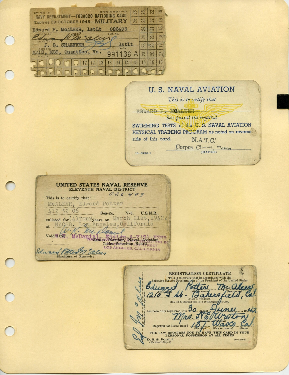Edward Potter McAleer Military Documents, WWII-Era Naval Aviation Cadet Ephemera
