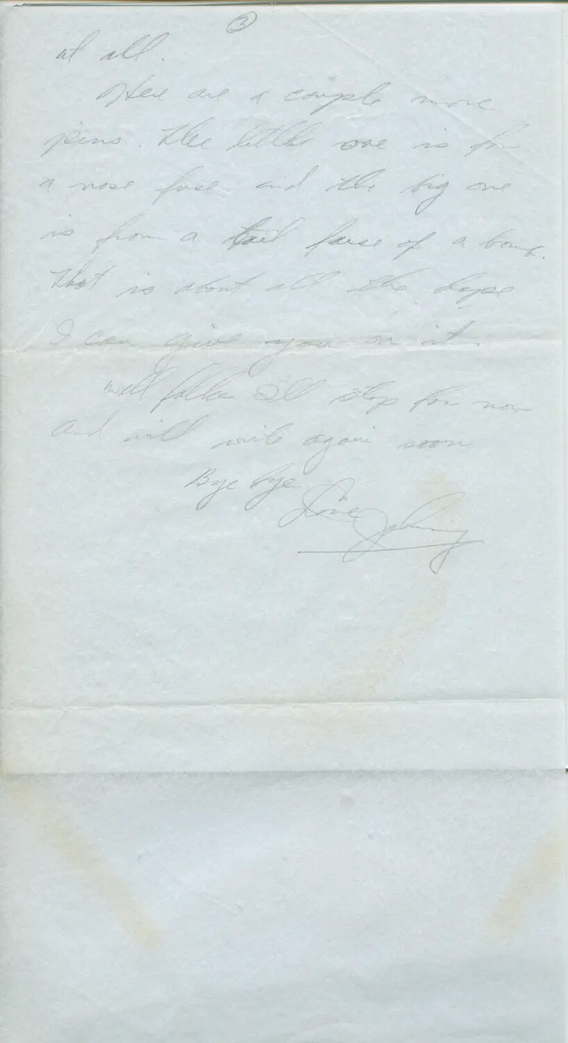 Handwritten Letter, Page 3 - WWII Airman 'Johnny' Describing Bomb Fuse Safety Pins Sent Home (Margaroli Collection, 1944)