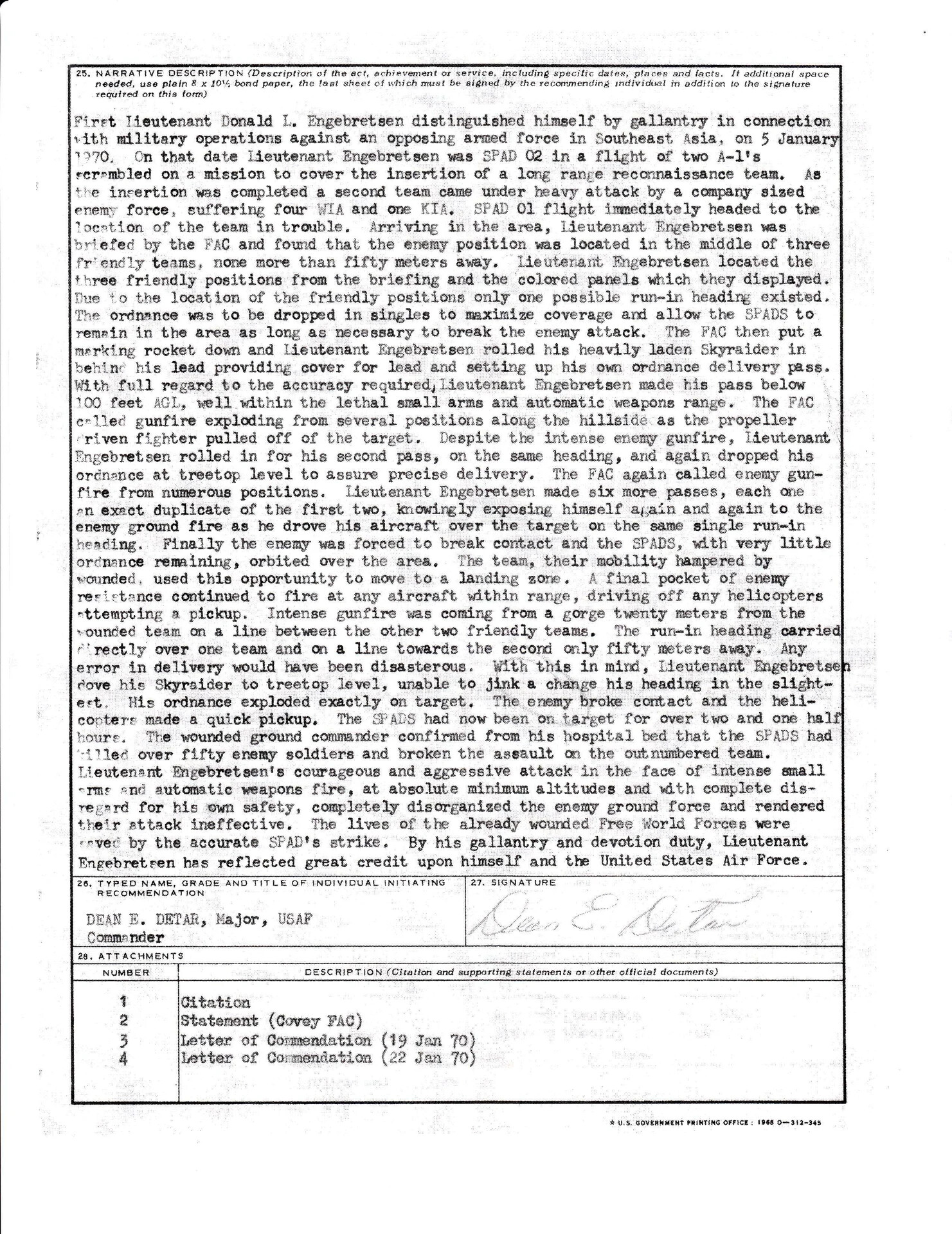 Distinguished Flying Cross Narrative Description for 1Lt Donald L. Engebretsen, 5 January 1970