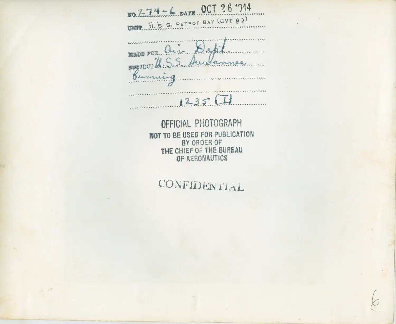 Reverse Side Caption Card, Official U.S. Navy Photograph No. 274-6, USS Petrof Bay (CVE-80), 26 October 1944