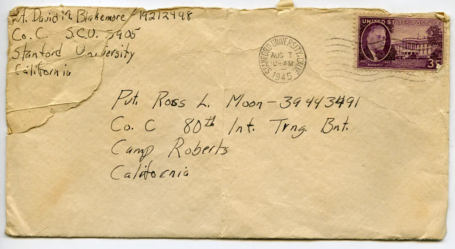 WWII-Era Envelope from Stanford University S.C.U. 3905 to Pvt. Ross L. Moon at Camp Roberts, California, August 7, 1945