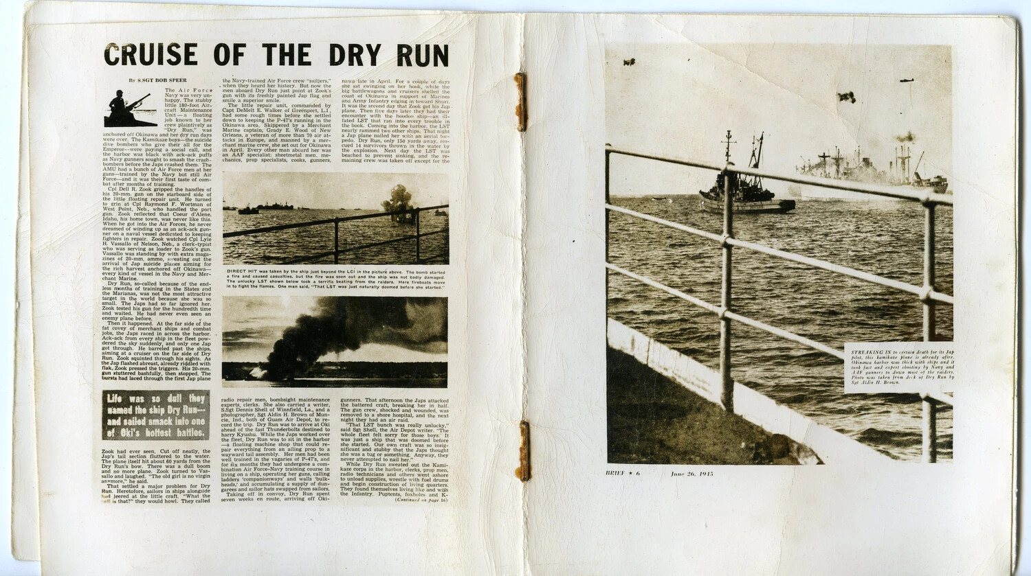 'Cruise of the Dry Run' Two-Page Magazine Spread, Okinawa Kamikaze Attack, WWII