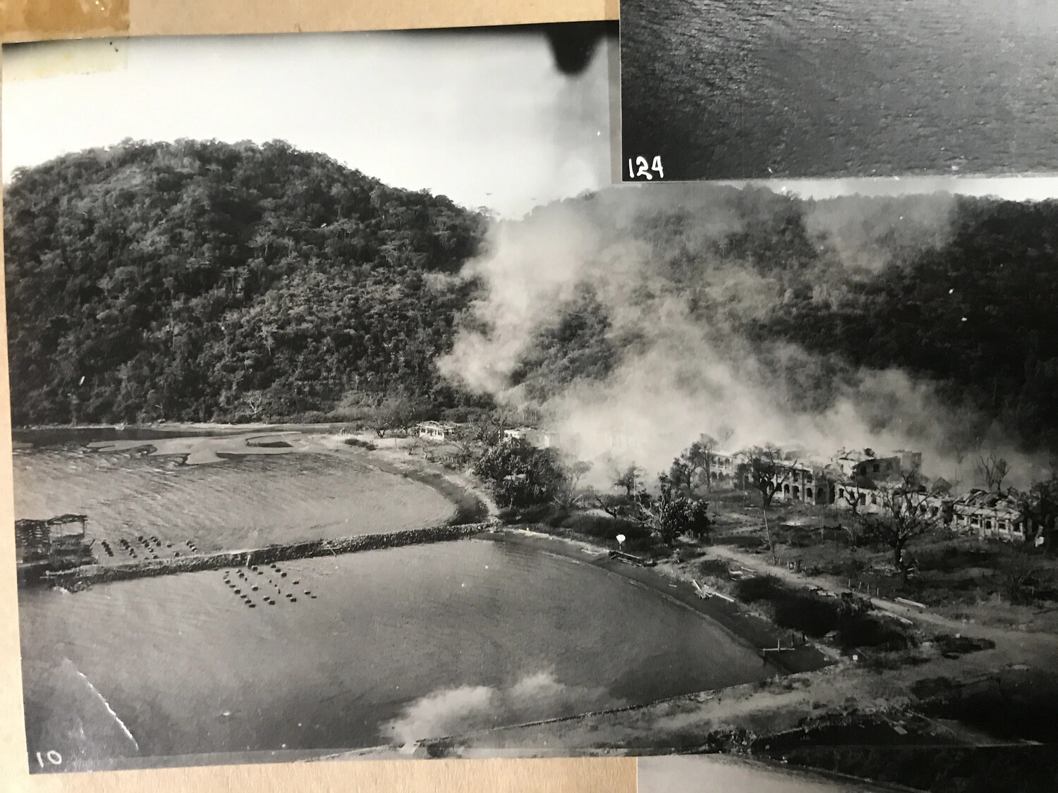 Aerial Strike Photograph of Coastal Target Under Bombardment, Pacific Theater, WWII